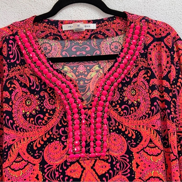 Peter Nygard 3/4 sleeve pink magenta orange beaded paisley with navy blue trim - Picture 3 of 11